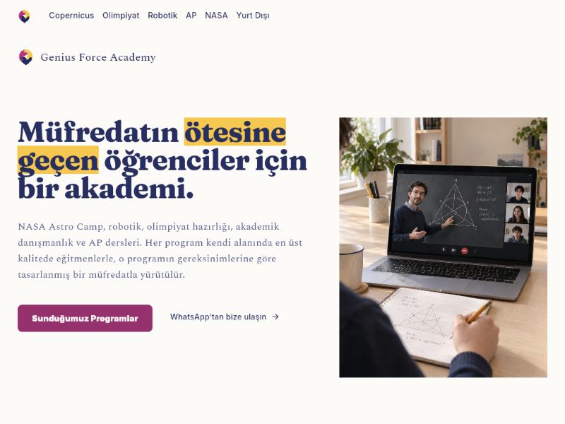 Genius Force Academy homepage: a headline about students who go beyond the curriculum, next to a photo of an online lesson.
